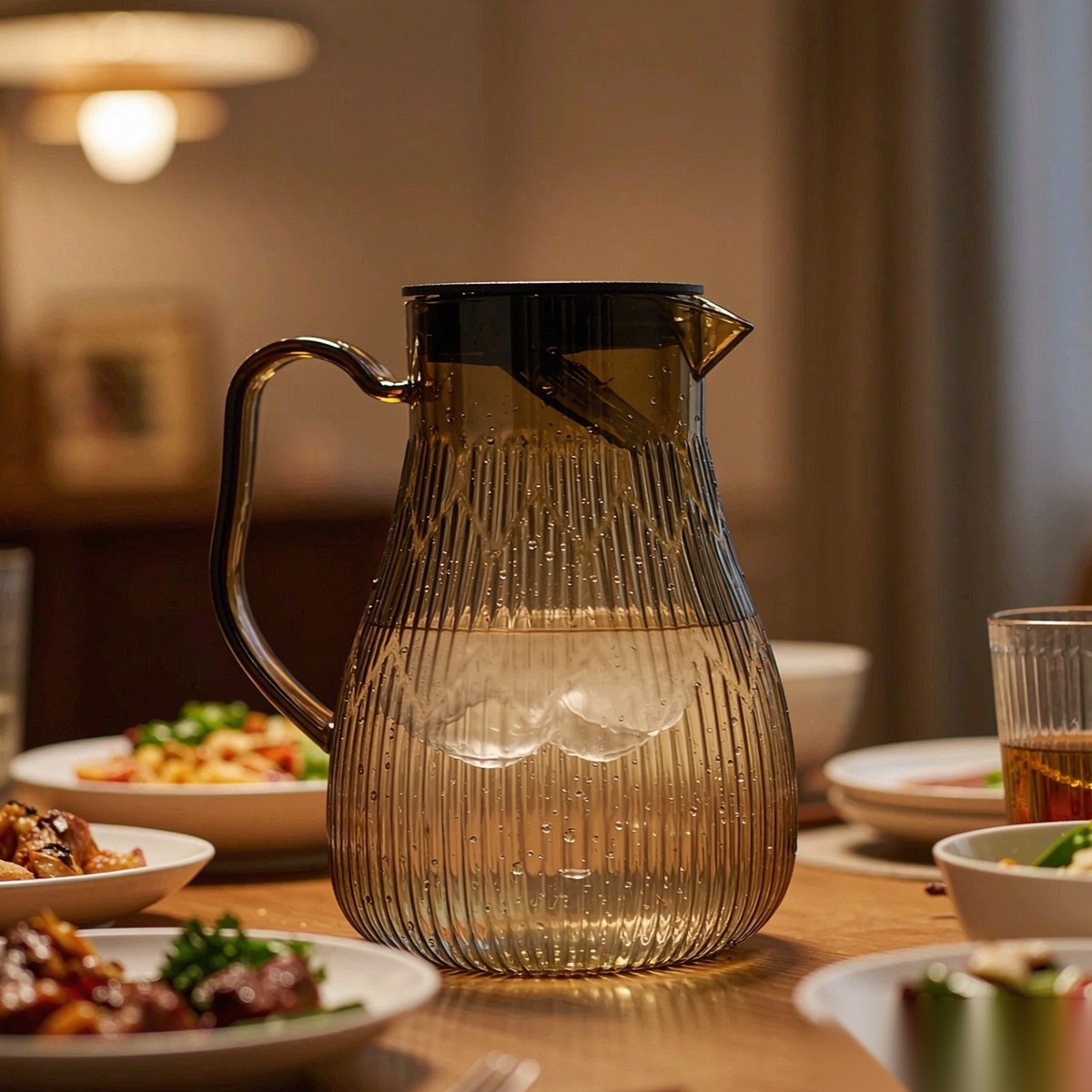 BY-9193C unbreakable PC full-handle water pitcher (tea) - set on a dining table for dinner