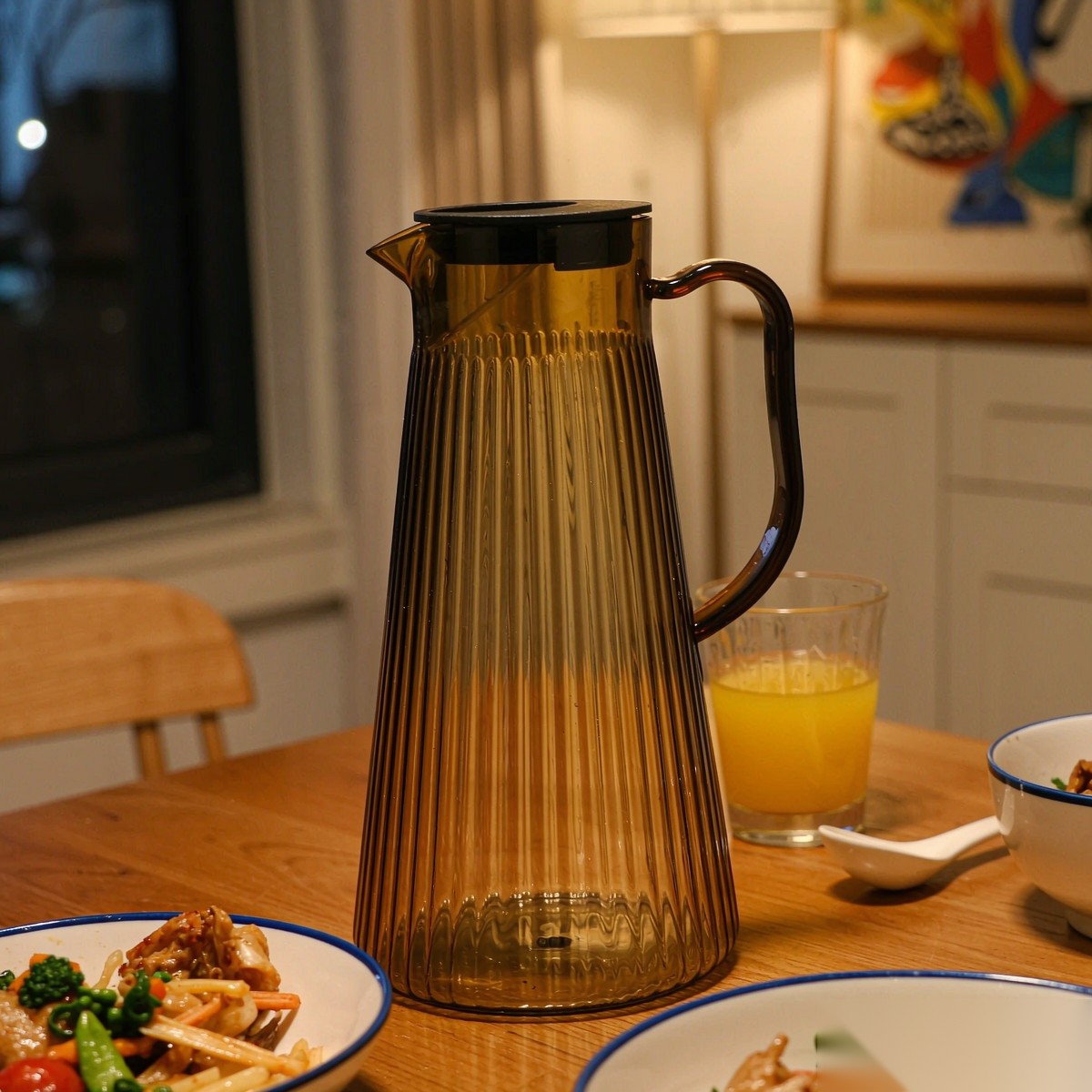 BY-9194A unbreakable PC full-handle water pitcher (tea) - set on a dining table for dinner