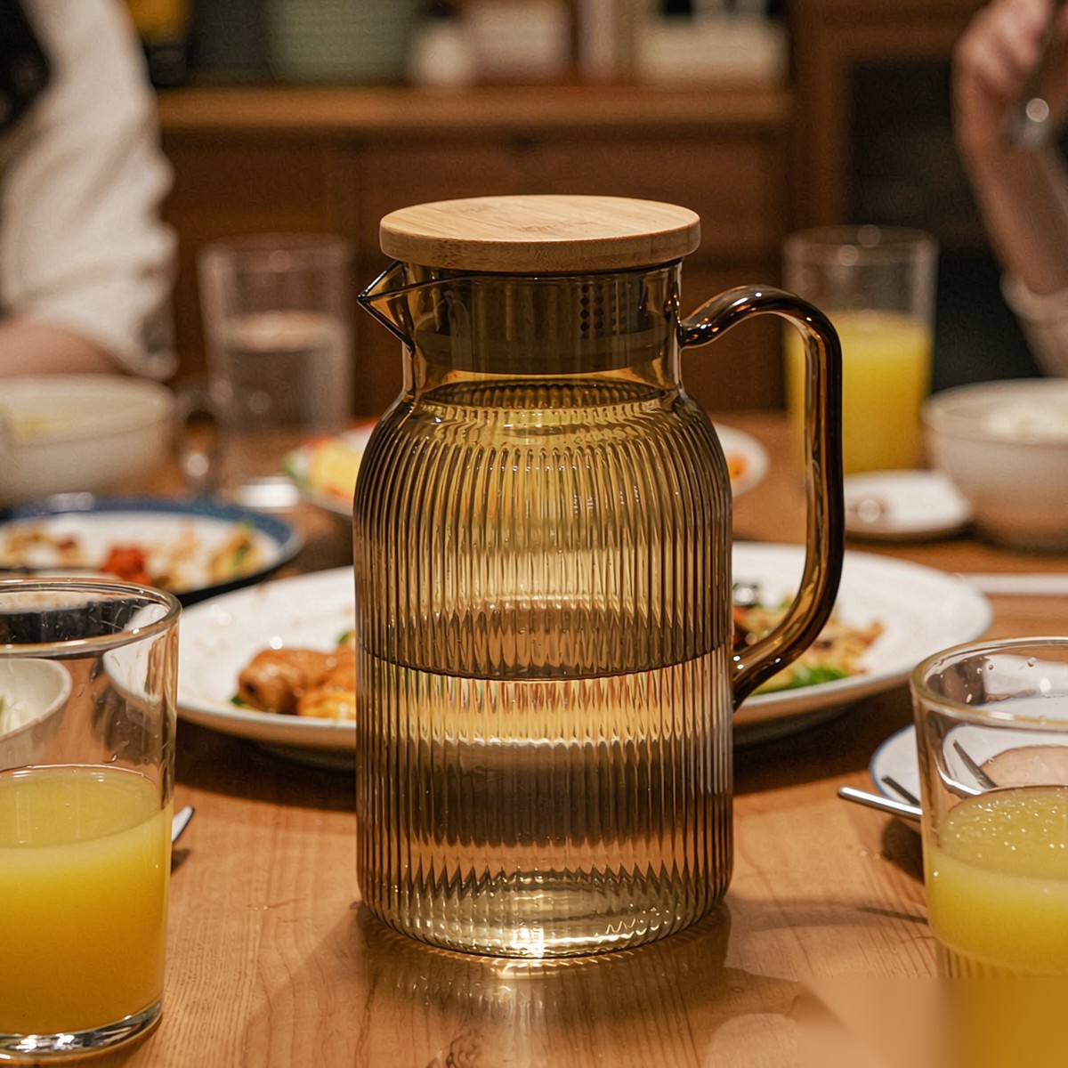 BY-9195C unbreakable PC full-handle water pitcher (tea) - set on a dining table for dinner