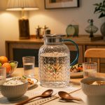 BY-9196B unbreakable PC full-handle water pitcher (steel) - set on a dining table for dinner