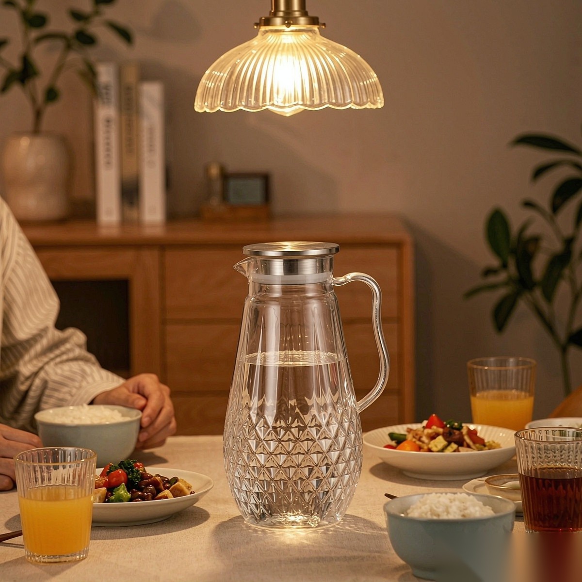BY-9197A unbreakable PC full-handle water pitcher (steel) - set on a dining table for dinner