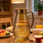 BY-9197B unbreakable PC full-handle water pitcher (tea) - set on a dining table for dinner