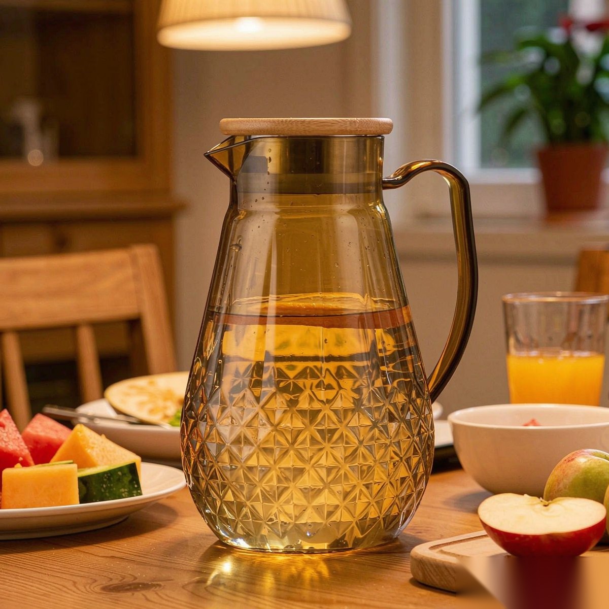 BY-9197B unbreakable PC full-handle water pitcher (tea) - set on a dining table for dinner