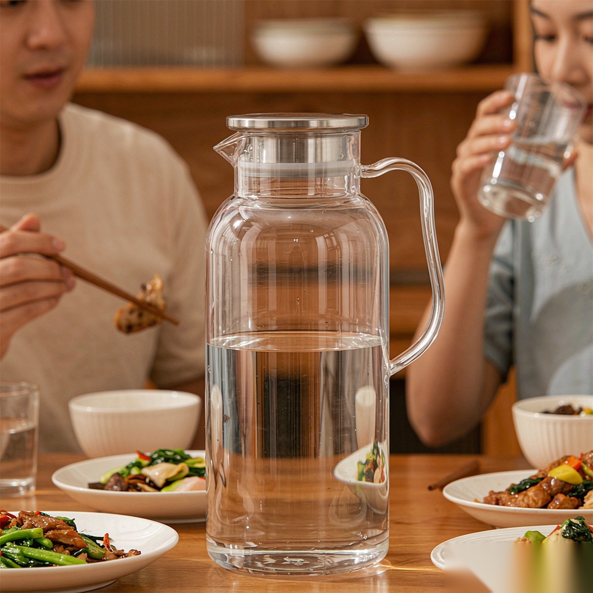 BY-9198A unbreakable PC full-handle water pitcher (steel) - set on a dining table for dinner