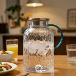 BY-9199A unbreakable PC full-handle water pitcher (steel) - set on a dining table for dinner