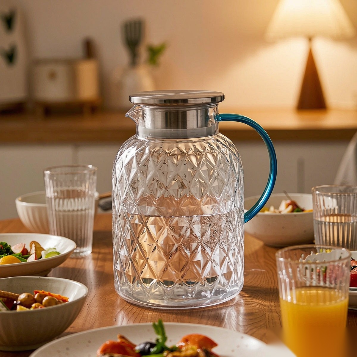BY-9199B unbreakable PC full-handle water pitcher (steel) - set on a dining table for dinner