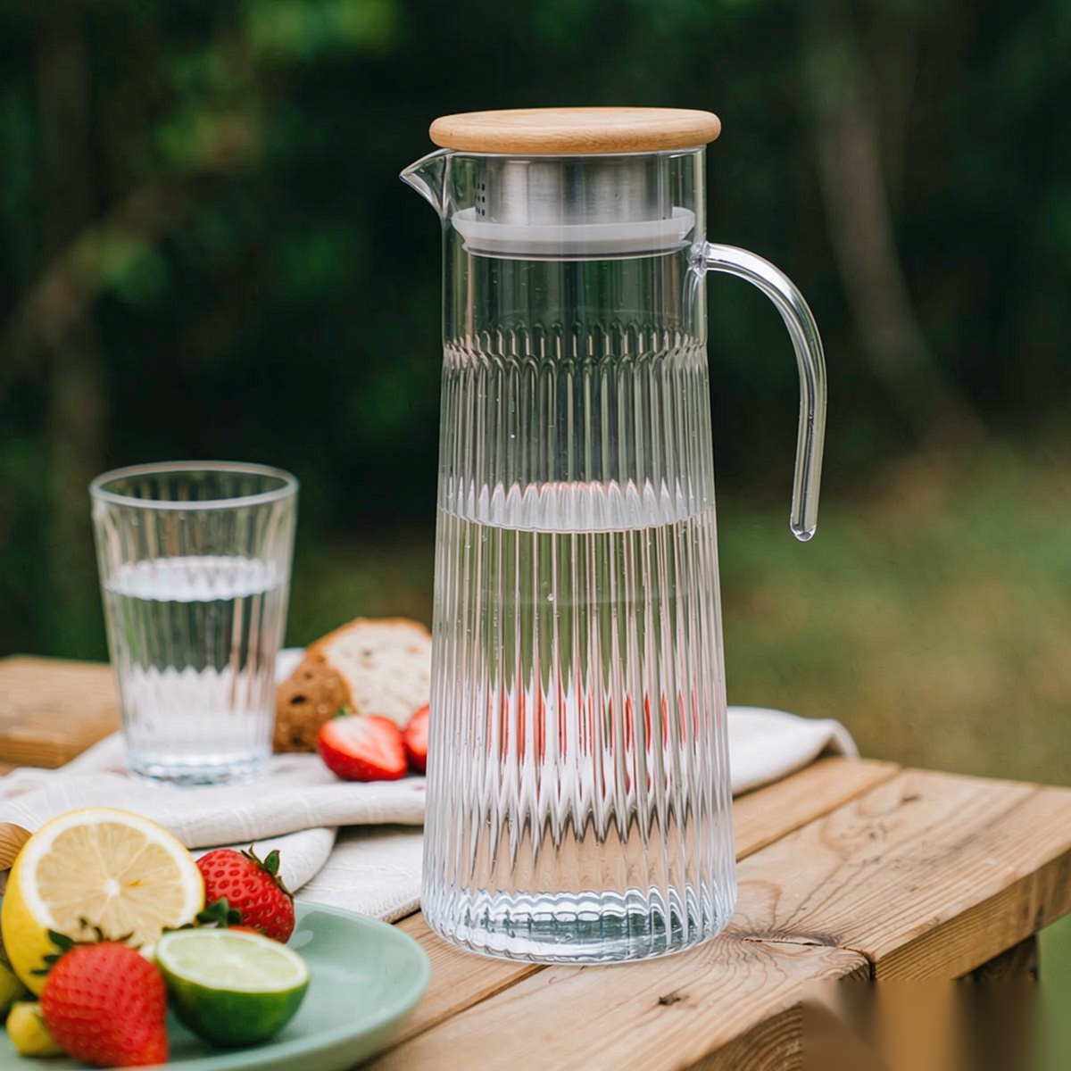 BY-9160B-1 unbreakable PC stainless steel handle water pitcher (wood) - ready for an outdoor picnic