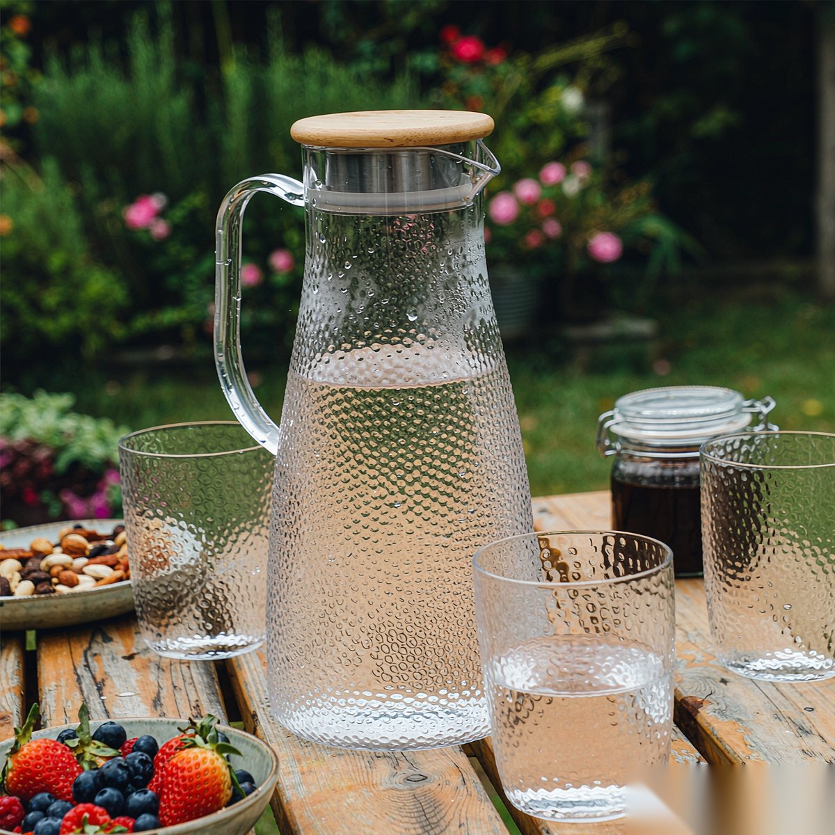 BY-9191A unbreakable PC full-handle water pitcher (wood) - ready for an outdoor picnic