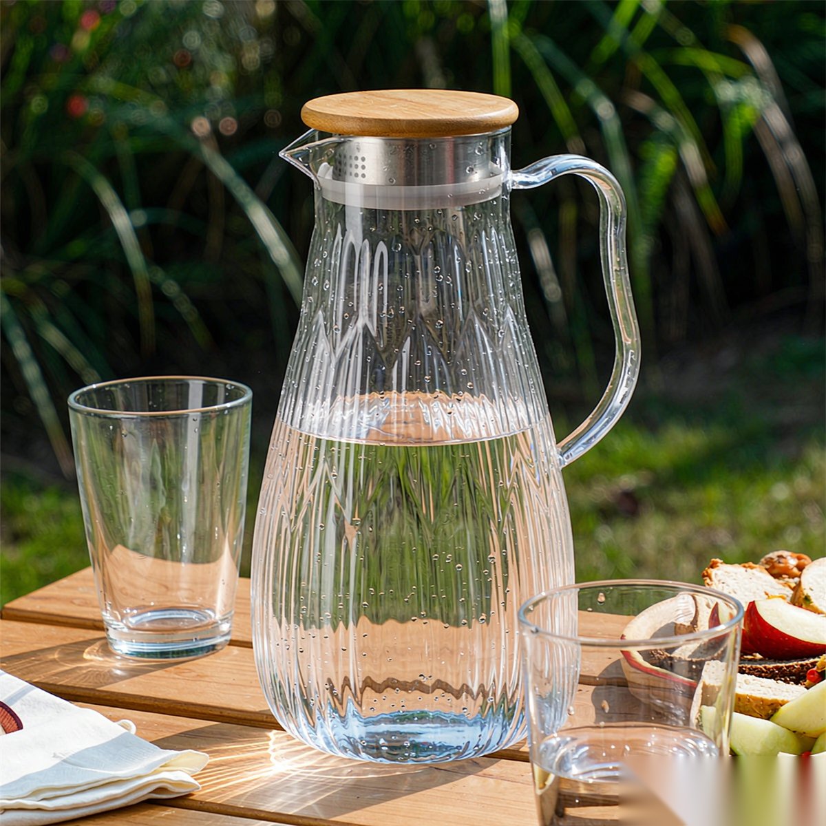 BY-9193A unbreakable PC full-handle water pitcher (wood) - ready for an outdoor picnic