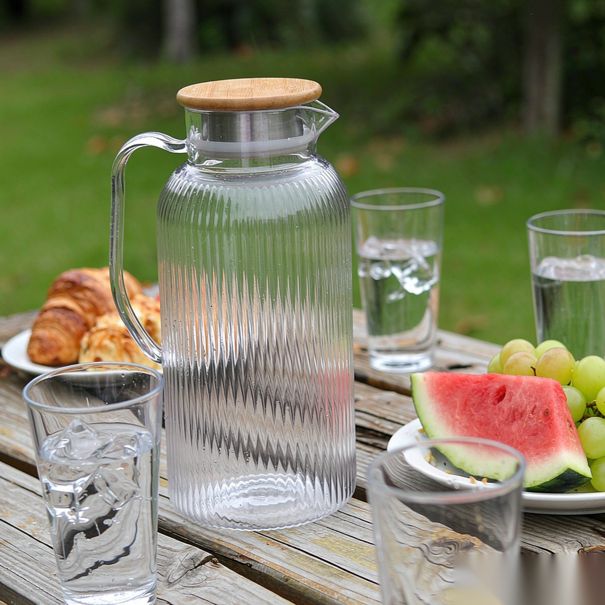 BY-9195A unbreakable PC full-handle water pitcher (wood) - ready for an outdoor picnic