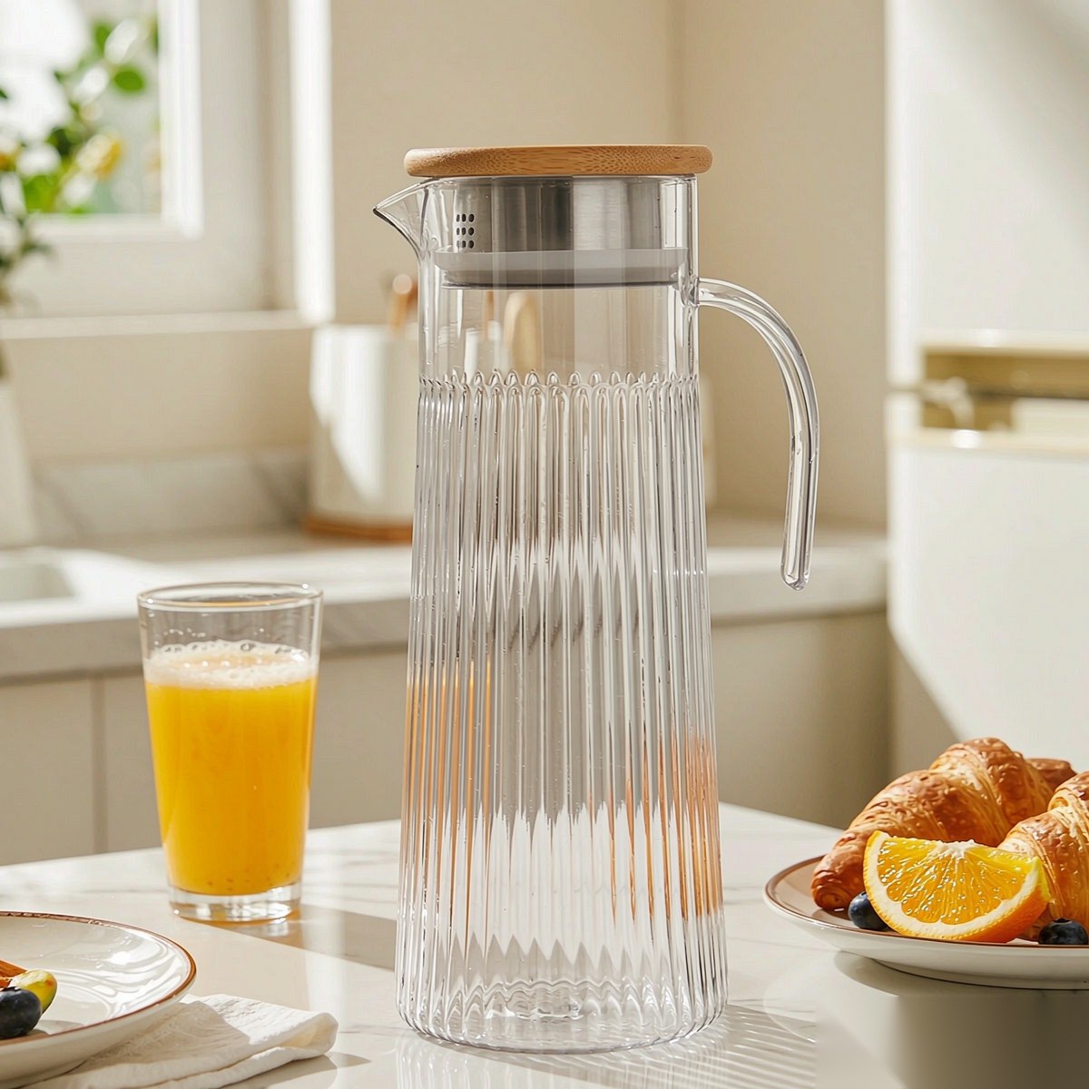 BY-9160B-1 unbreakable PC stainless steel handle water pitcher (wood) - serving chilled juice at breakfast