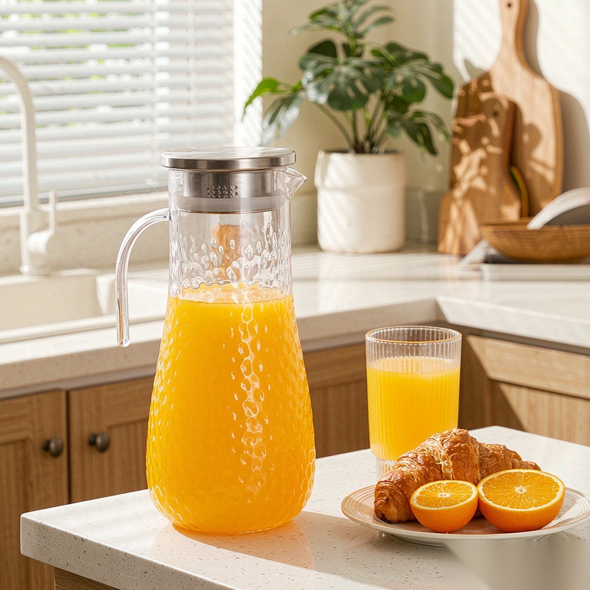 BY-9164 unbreakable PC stainless steel handle water pitcher (steel) - serving chilled juice at breakfast