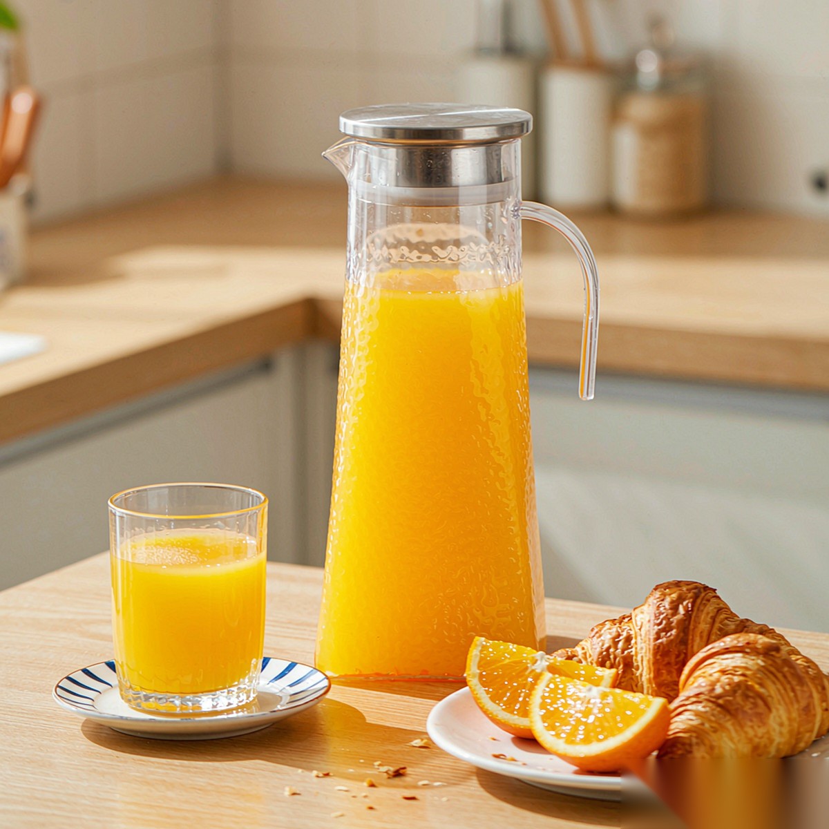 BY-9168 unbreakable PC stainless steel handle water pitcher (steel) - serving chilled juice at breakfast