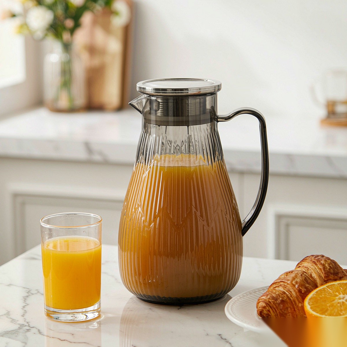 BY-9193B unbreakable PC full-handle water pitcher (gray) - serving chilled juice at breakfast