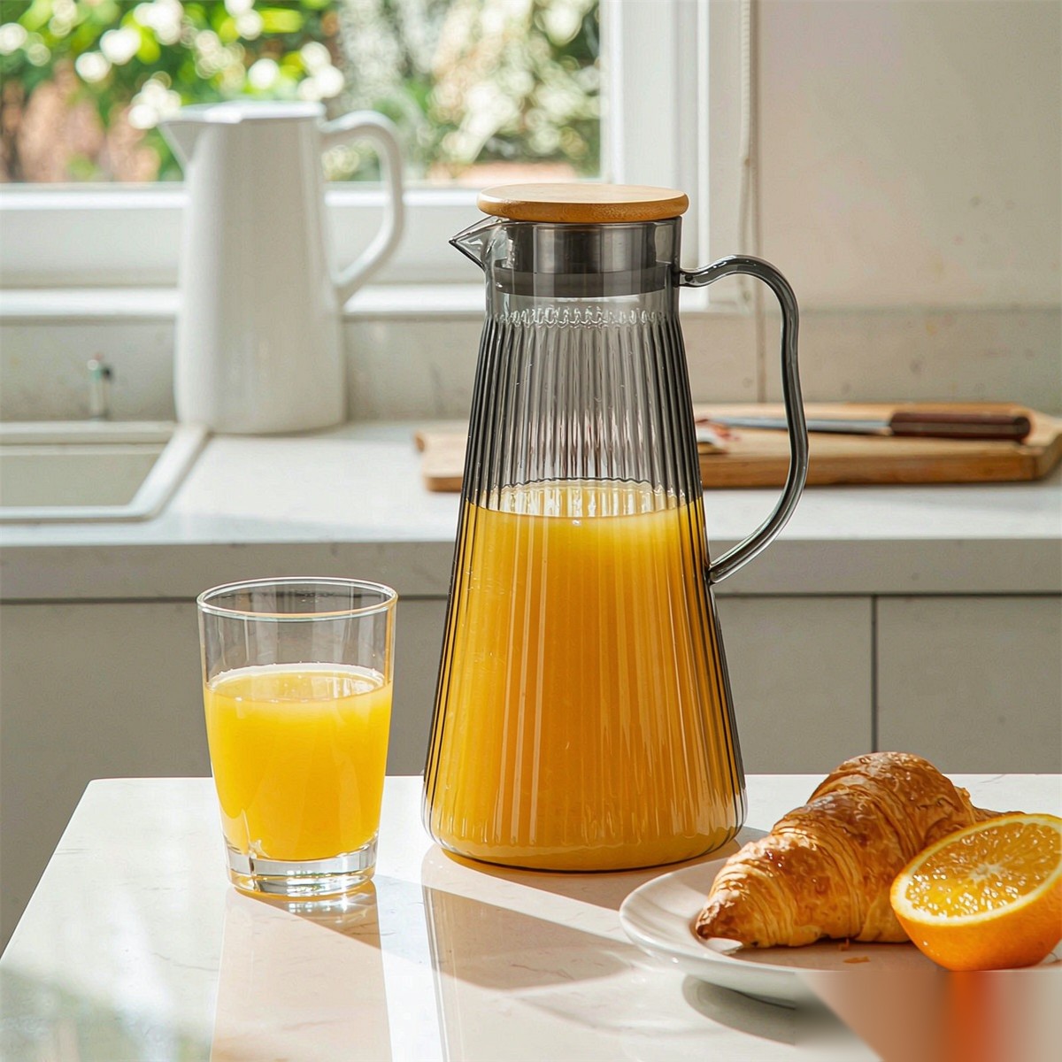 BY-9194A unbreakable PC full-handle water pitcher (gray) - serving chilled juice at breakfast