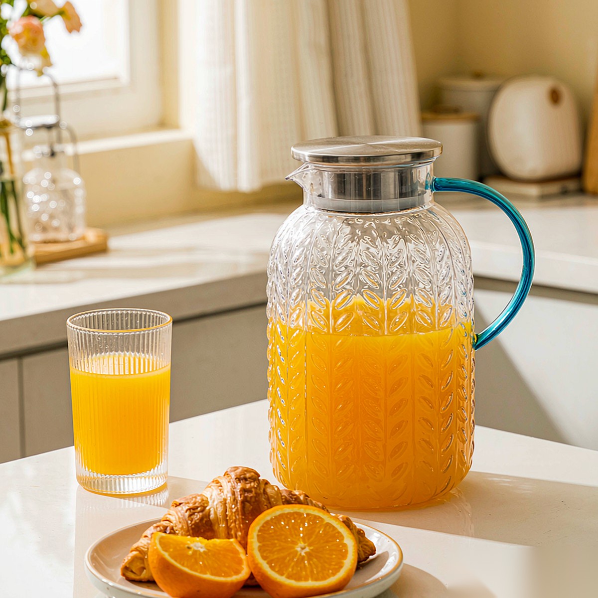 BY-9196A unbreakable PC full-handle water pitcher (steel) - serving chilled juice at breakfast
