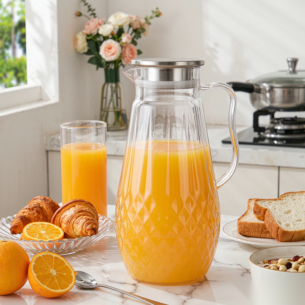 BY-9197A unbreakable PC full-handle water pitcher (steel) - serving chilled juice at breakfast