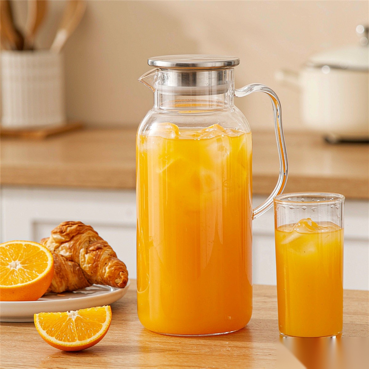 BY-9198A unbreakable PC full-handle water pitcher (steel) - serving chilled juice at breakfast