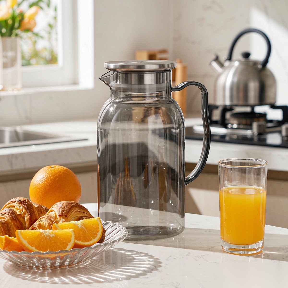 BY-9198B unbreakable PC full-handle water pitcher (gray) - serving chilled juice at breakfast