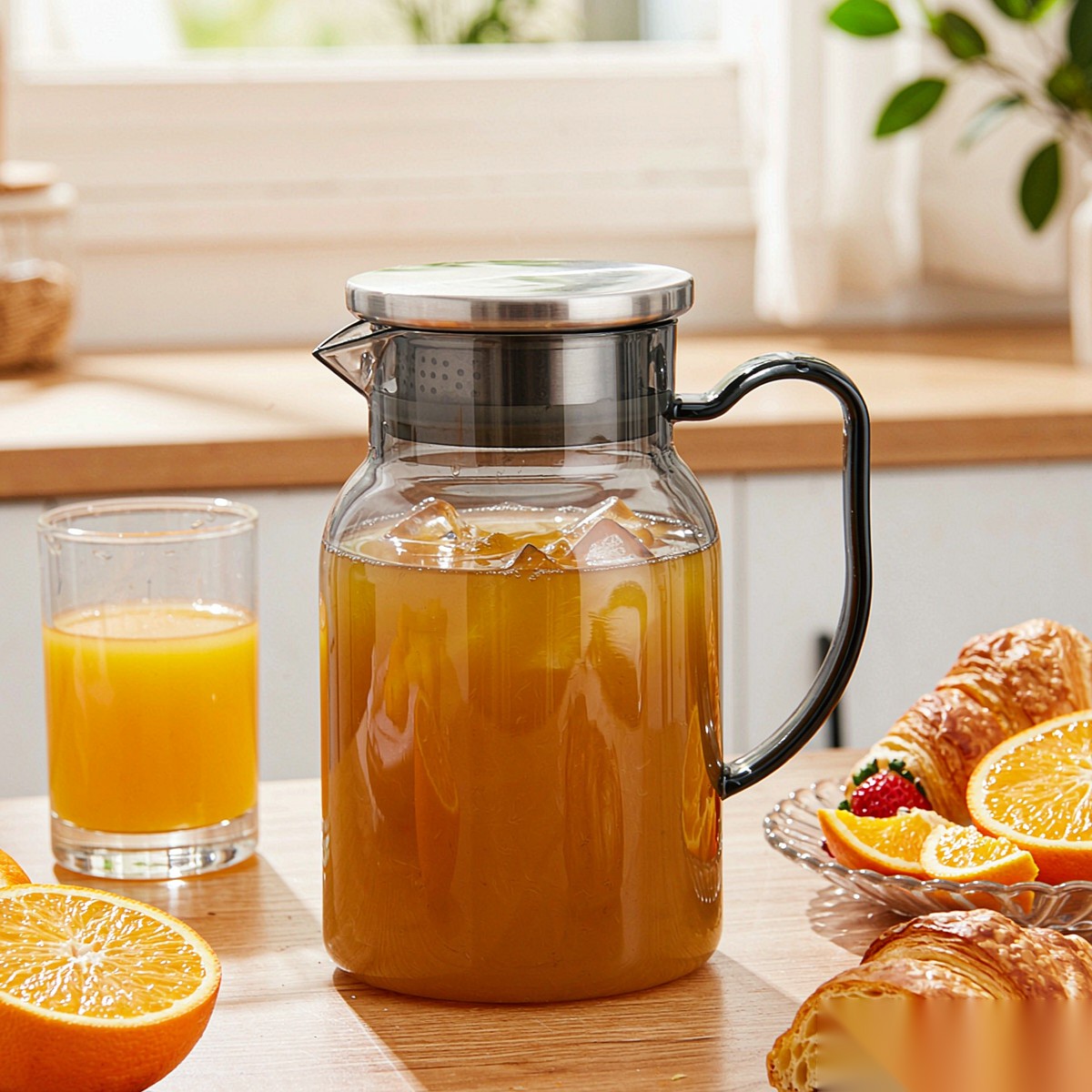 BY-9198C unbreakable PC full-handle water pitcher (gray) - serving chilled juice at breakfast