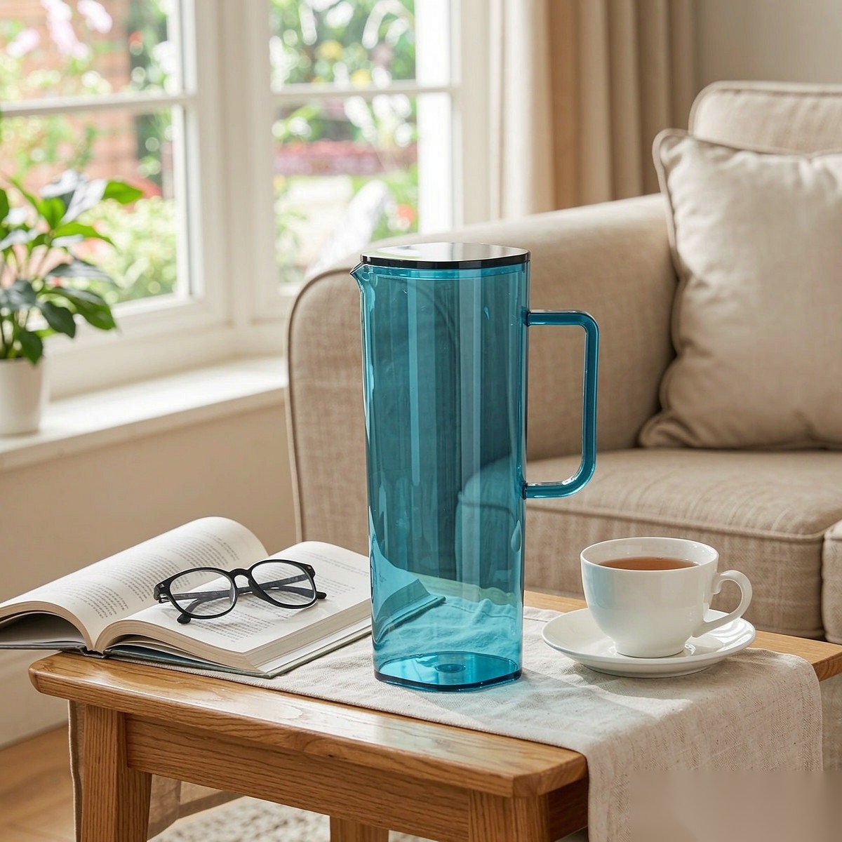 BY-9166 unbreakable PC full-handle water pitcher (gray) - in use for afternoon tea