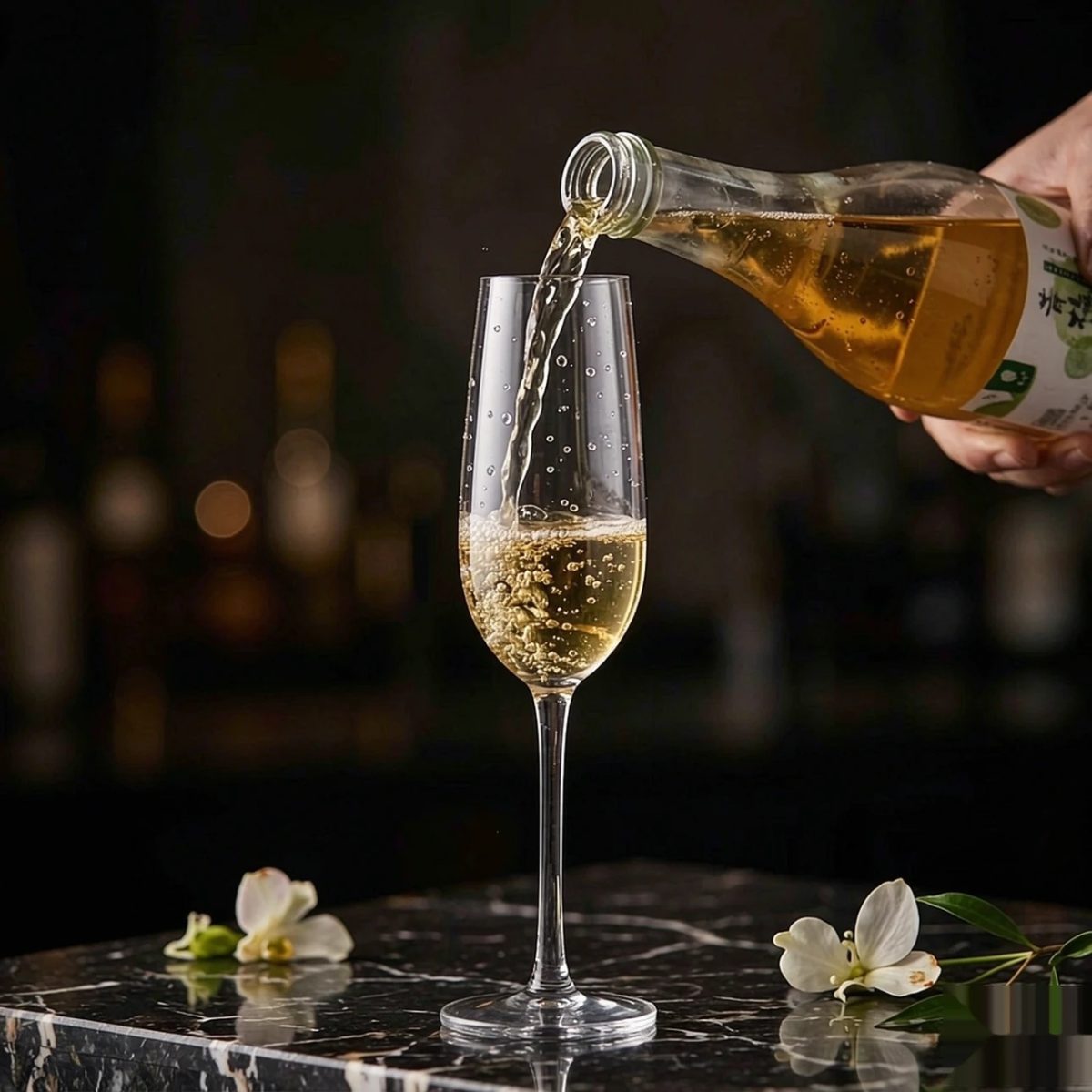 BY-9914B PC champagne flute in pouring action shot