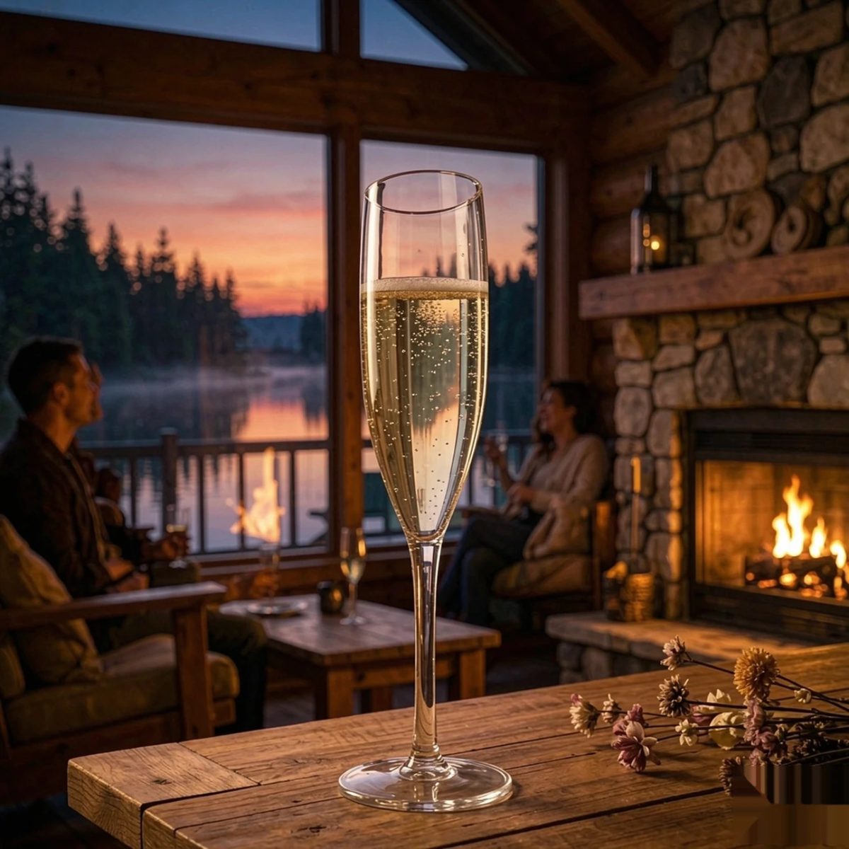 BY-9916-1 PC champagne flute in lakeside cabin setting