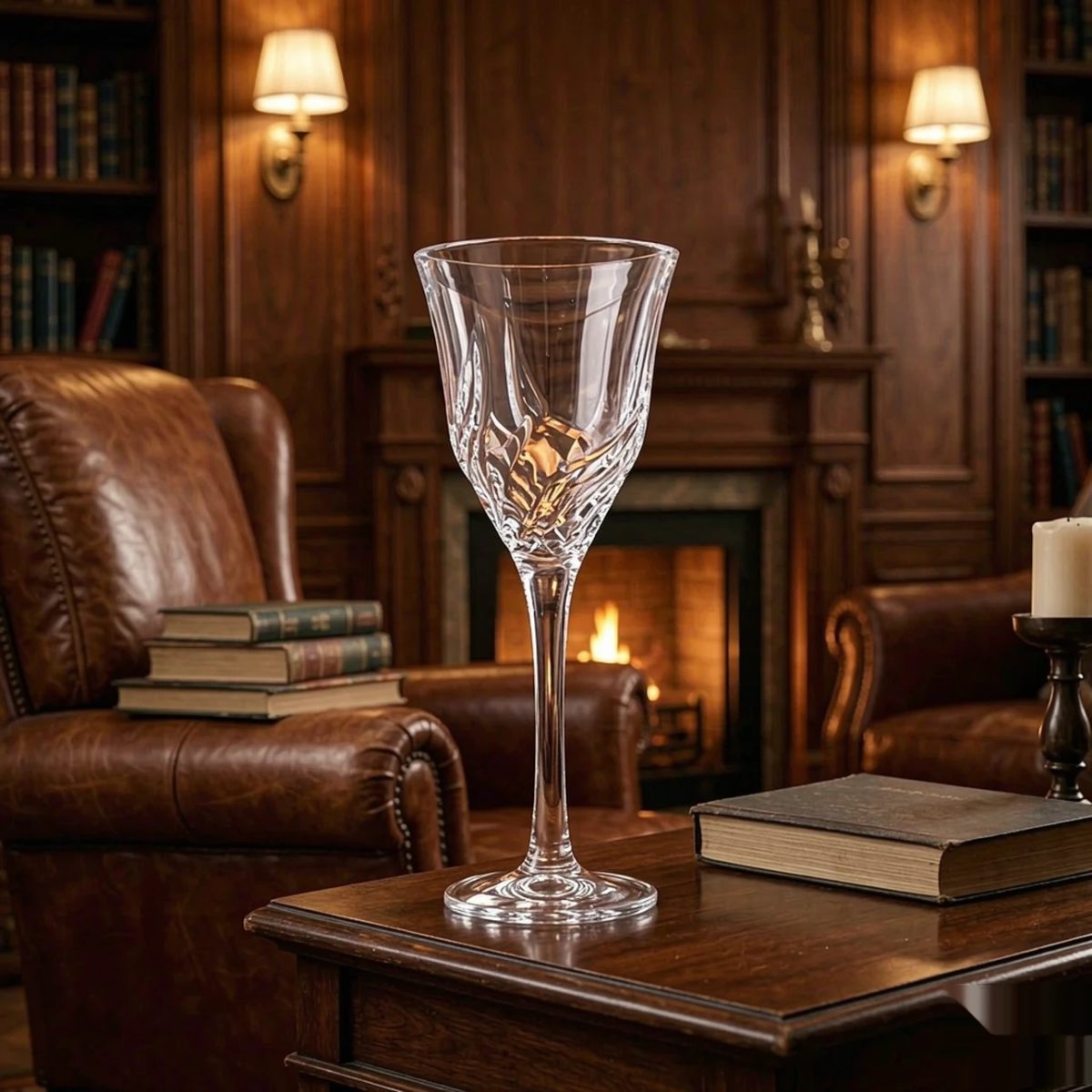 BY-9918-1 Acrylic wine goblet in library fireside setting