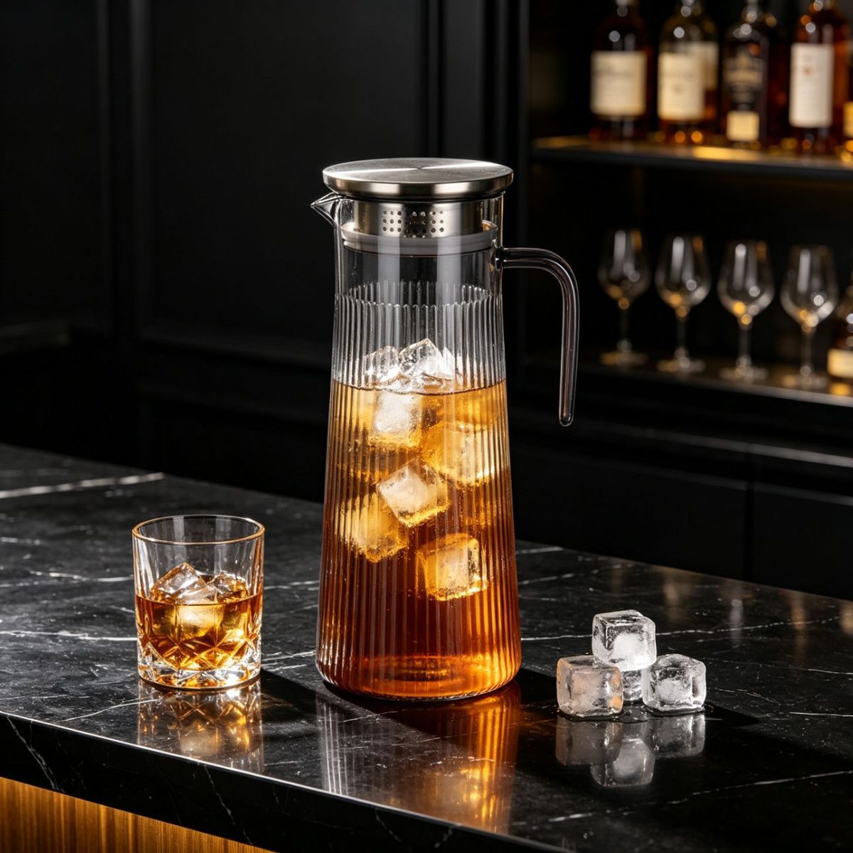 BY-9160B-1 unbreakable PC stainless steel handle water pitcher - on a black marble bar counter