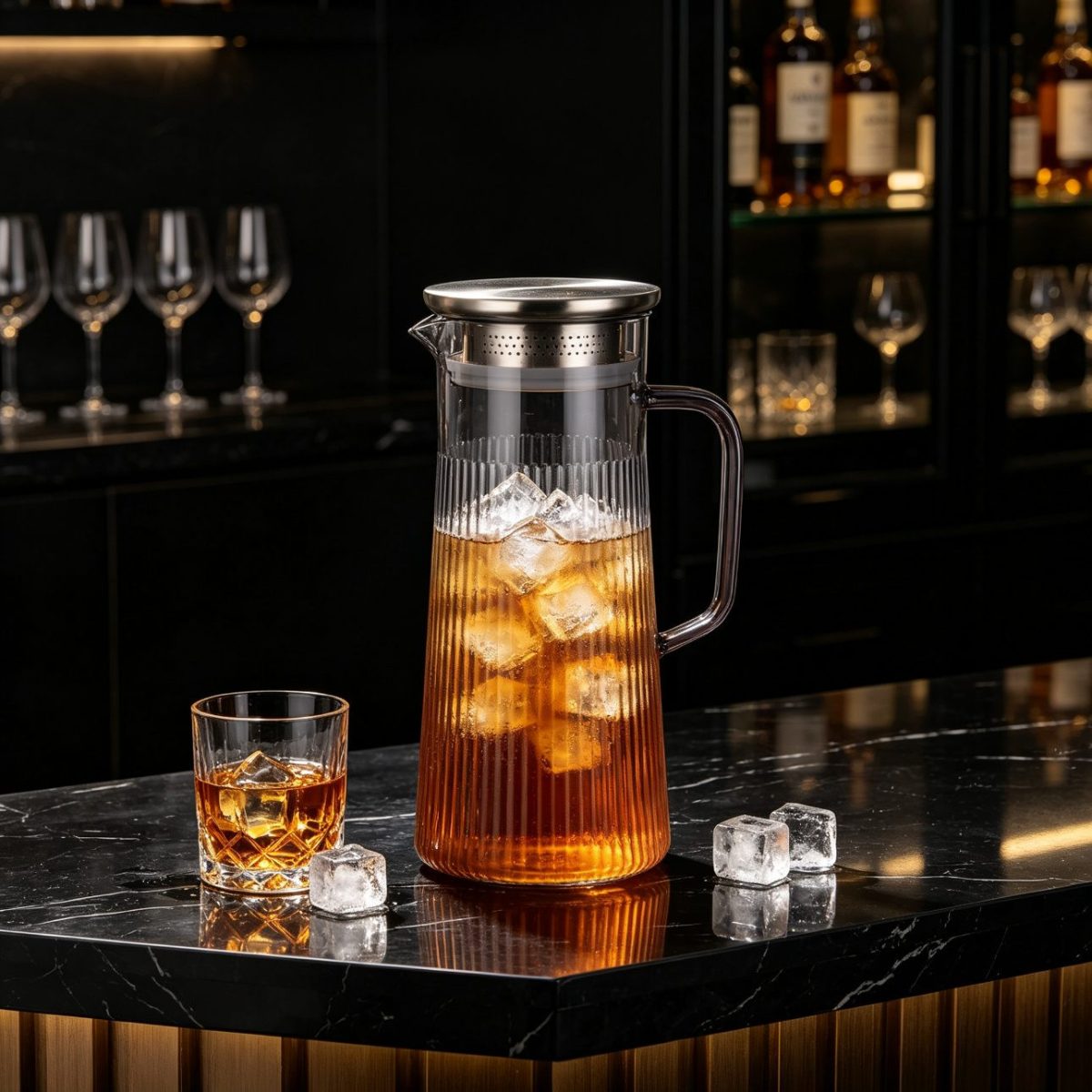 BY-9160C-1 unbreakable PC stainless steel handle water pitcher - on a black marble bar counter
