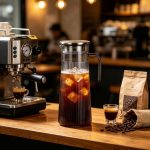 BY-9160B-1 unbreakable PC stainless steel handle water pitcher - on a cafe bar counter