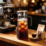 BY-9160C-1 unbreakable PC stainless steel handle water pitcher - on a cafe bar counter