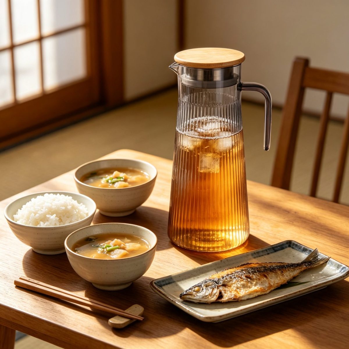 BY-9160A-1 unbreakable PC stainless steel handle water pitcher - at a Japanese-style breakfast