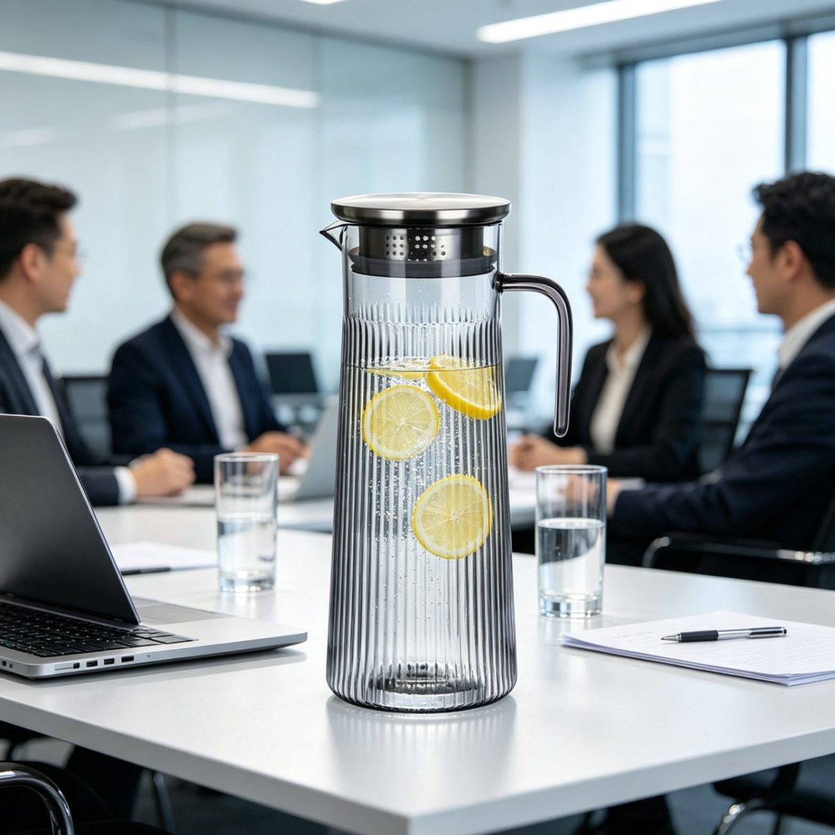 BY-9160B-1 unbreakable PC stainless steel handle water pitcher - in a meeting room