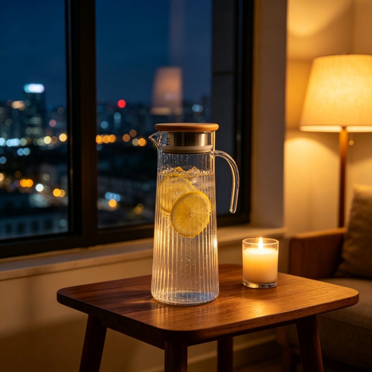 BY-9160B-1 unbreakable PC stainless steel handle water pitcher - by a window in the evening