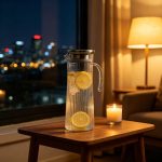 BY-9160C-1 unbreakable PC stainless steel handle water pitcher - by a window in the evening