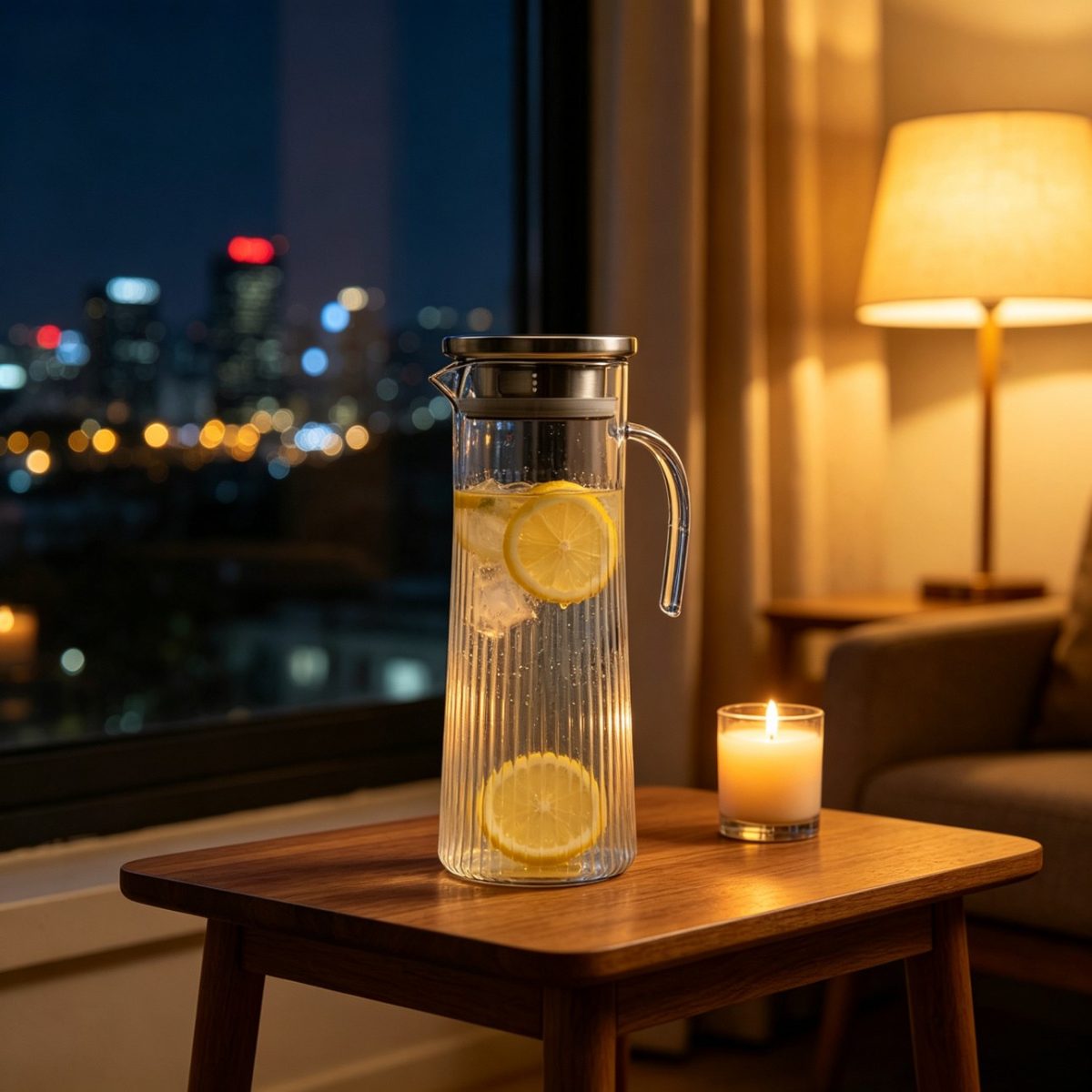 BY-9160C-1 unbreakable PC stainless steel handle water pitcher - by a window in the evening