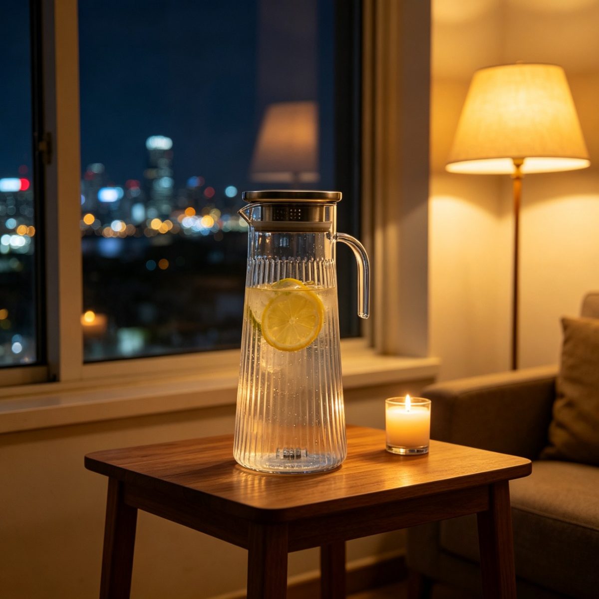 BY-9160A-1 unbreakable PC stainless steel handle water pitcher - by a window in the evening