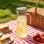 BY-9160C-1 unbreakable PC stainless steel handle water pitcher - on an outdoor picnic