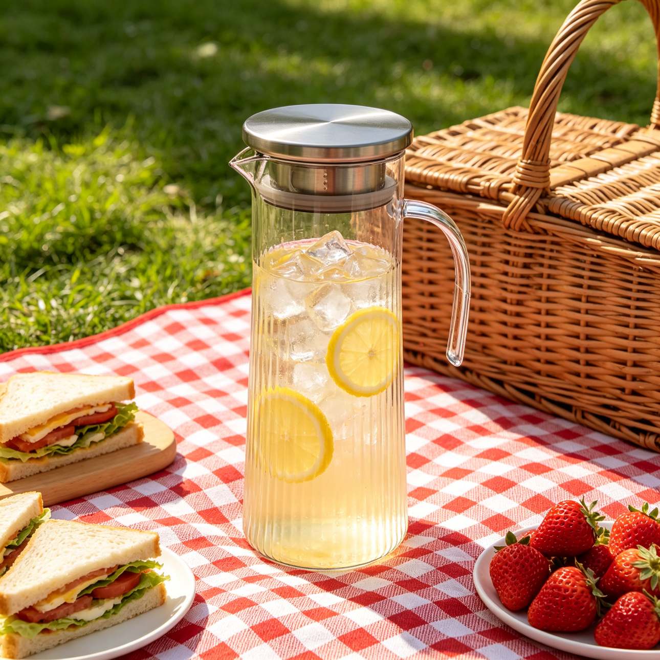BY-9160C-1 unbreakable PC stainless steel handle water pitcher - on an outdoor picnic