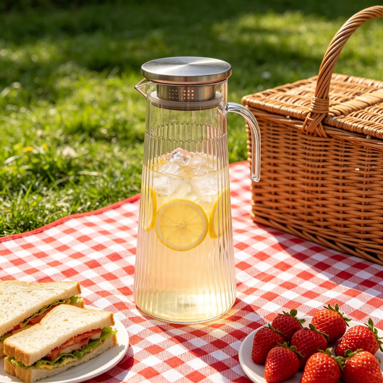BY-9160A-1 unbreakable PC stainless steel handle water pitcher - on an outdoor picnic
