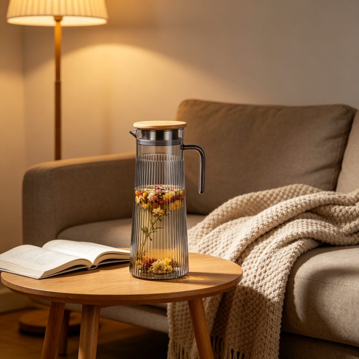 BY-9160B-1 unbreakable PC stainless steel handle water pitcher - beside a reading nook