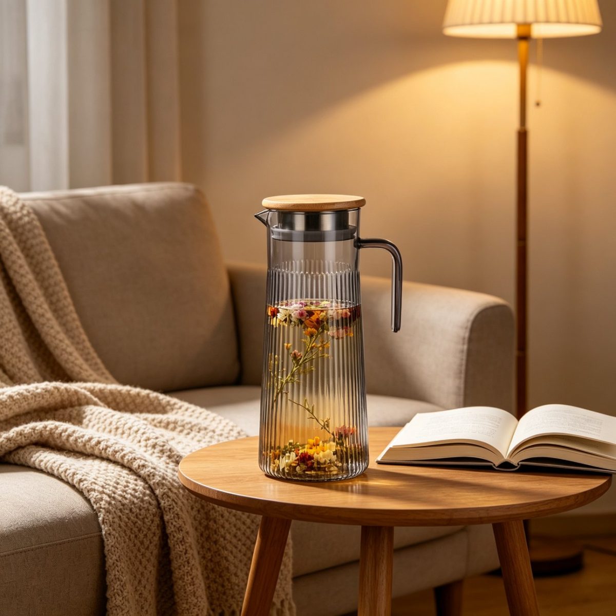 BY-9160C-1 unbreakable PC stainless steel handle water pitcher - beside a reading nook