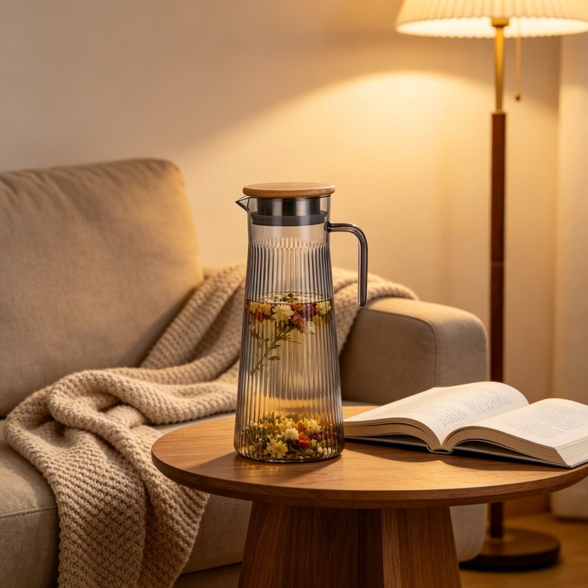 BY-9160A-1 unbreakable PC stainless steel handle water pitcher - beside a reading nook