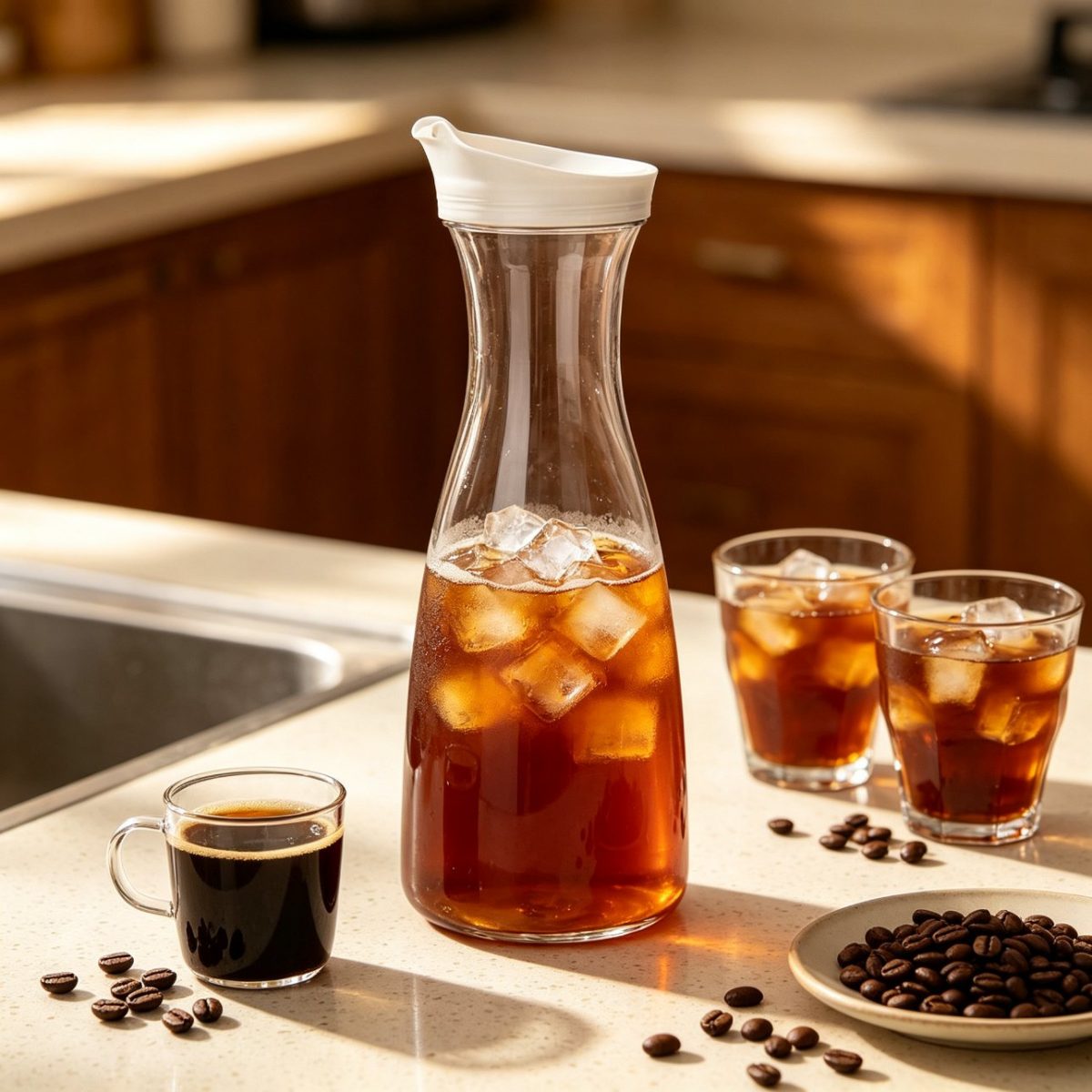 BY-9172 unbreakable PC juice pitcher - holding iced coffee