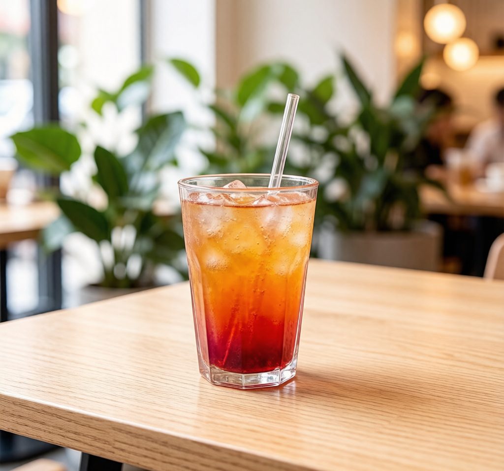 BY-9211 faceted pentagon PC tumbler with iced drink in cafe