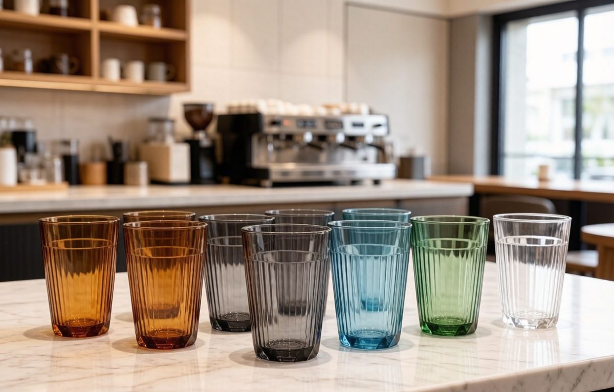 Unbreakable PC tumbler series in multiple colors on a cafe counter
