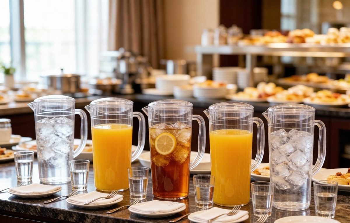 Unbreakable PC water pitcher series on a hotel breakfast buffet counter