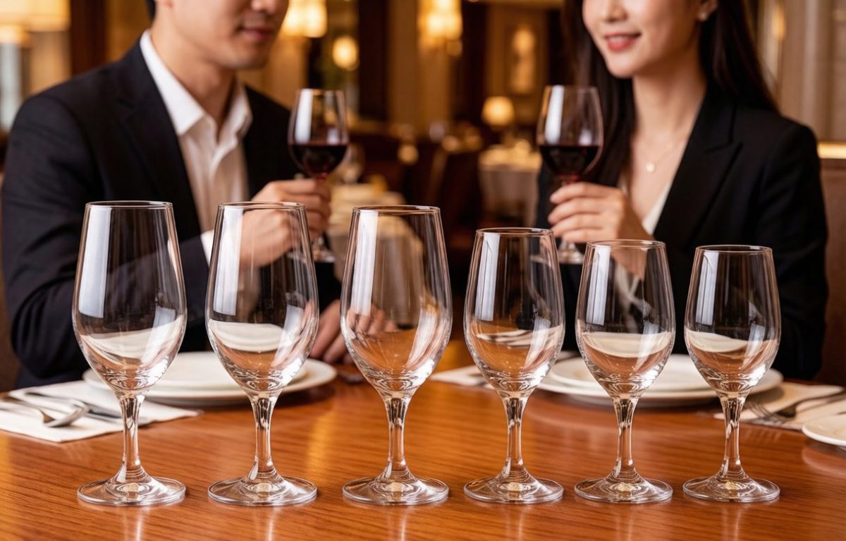 Unbreakable PC wine glass series collection on a hotel banquet table