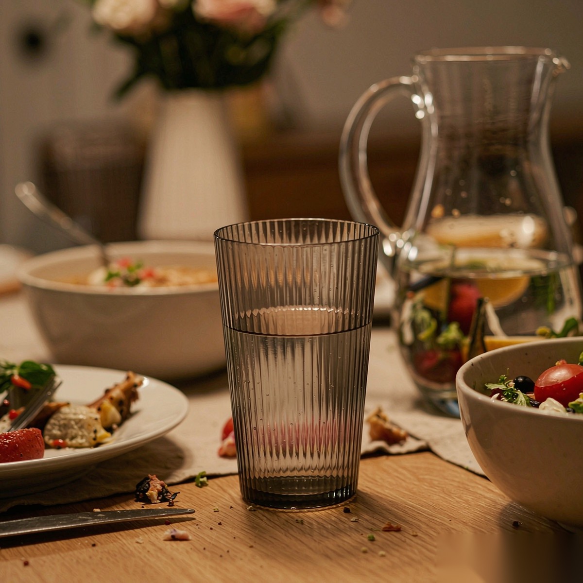 polycarbonate PC striped glass dining table dinner scene